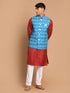 Vastramay Men's Turquoise Cotton Nehru Jacket With Maroon Kurta And Pant Set